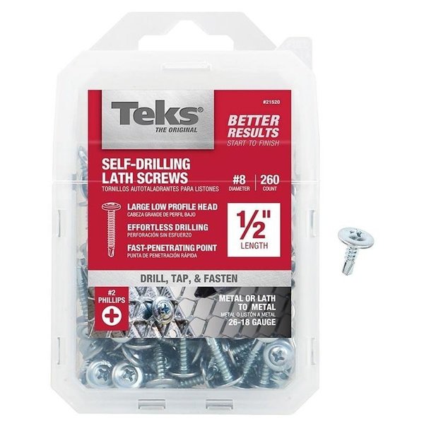 Teks Self-Drilling Screw, #8 x 1/2 in, Zinc Plated Steel Truss Head Phillips Drive 21520